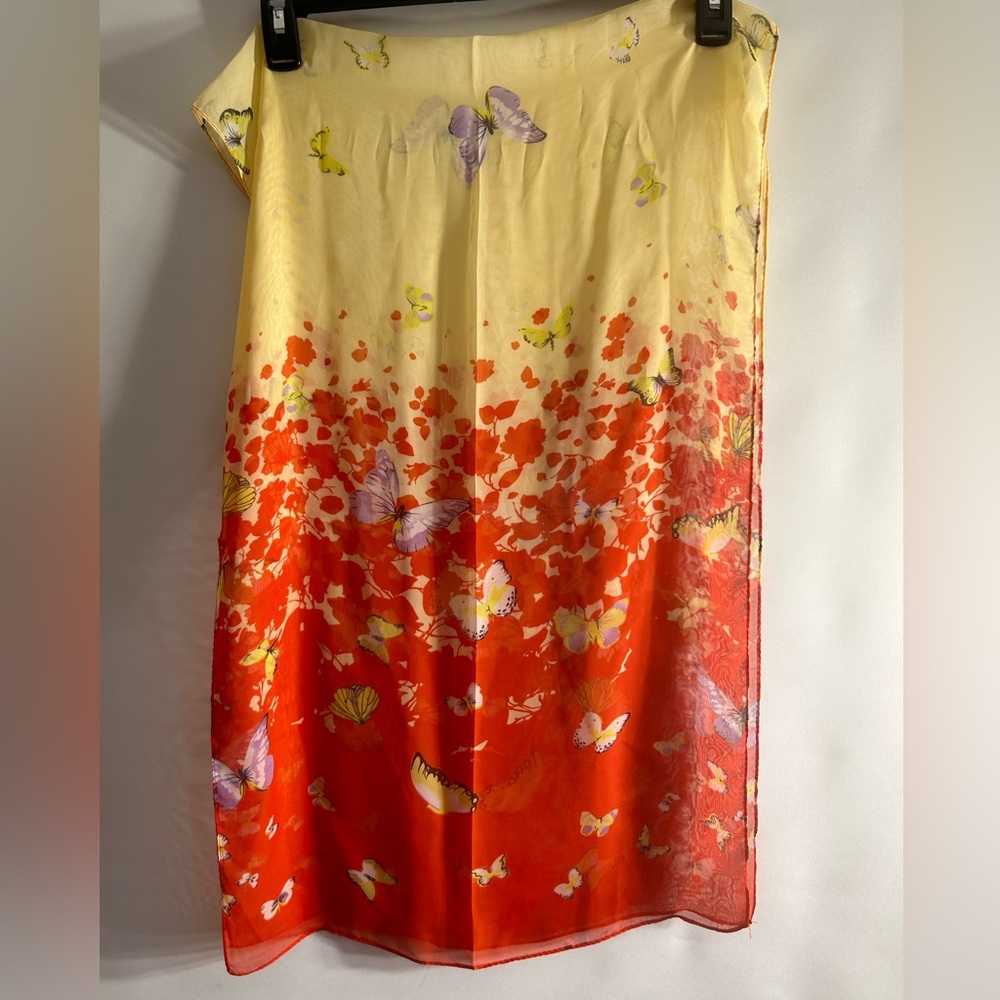 DINGXIU ORIENTAL BUTTERFLIES PRINT SOFT YELLOW SHEER POLYESTER SCARF O/S